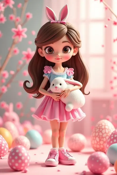  create a  Disney Pixar style 3D with fair skin ,  dark and delicate eyes .  sweet face and shy smile .  long wavy brown hair with a bow on the head 
She wears a ballerina-like dress with sleeves on her shoulders in the color pink and glitter blue . sneake...