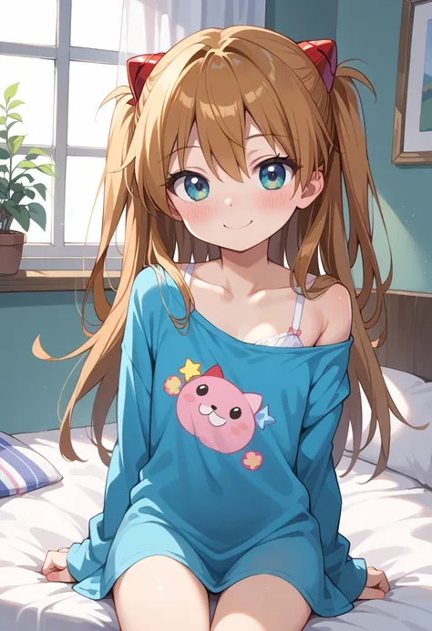 (( top quality)), (( Masterpiece)), (be familiar with),  perfect face,  indoor, bedroom,  watching viewers,
One woman,  Soryu Asuka Langley ,
開いた口,  ecstatic expression, blush, smile,
 small tits,  flat chest, Young girl,  lori,  s,  girl,
 long hair,  two...