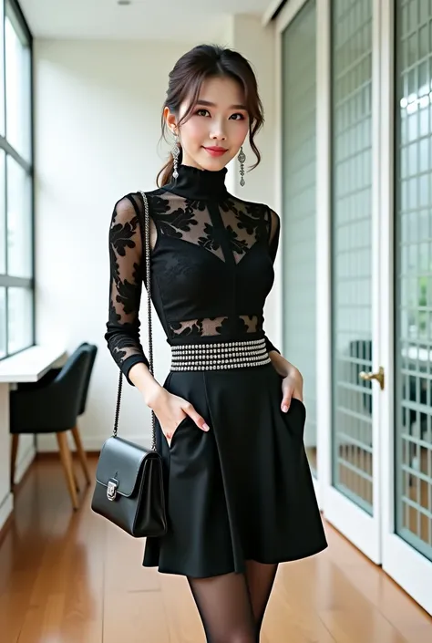 Japanese woman with a very beautiful beauty like an actress
She pairs the top with a high-waisted black mini skirt that has dazzling rhinestone embellishments along the waistband and pocket edges, creating a glamorous, high-fashion appeal. The skirt’s slee...