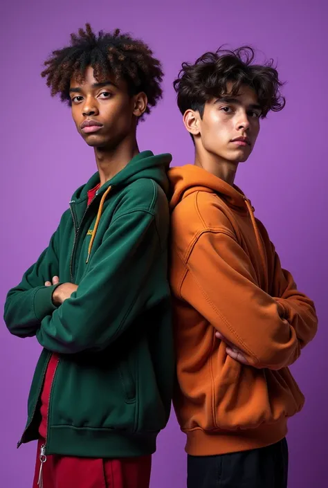  Two young people posing back to back and arms crossed ,  the purple background with green , red and black space type ,  one of the young people is brown , handsome,  with loose clothing and reggaeton style ,  the other young man a little taller than the o...