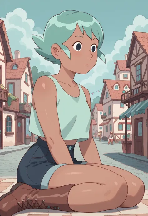 score_8, score_8_up, score_7_up, 1girl, female focus, Solo, Cass_BAP, light tanned skin, dark blue eyes, mint green hair, short hair, aqua-tinted tank top, dark blue shorts, white and red boots, full body, outdoors, town 