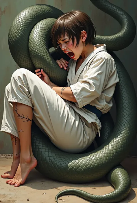  a karate girl wrapped around a large snake and broken a leg bone　Karate girl has short brown hair　pinch　scream　Cry　Scream　Strangled by snakes　Both Legs Shattered 　Legs can be tightened　be wrapped around a snake　 compressed 　On the brge of predation　Can&#3...