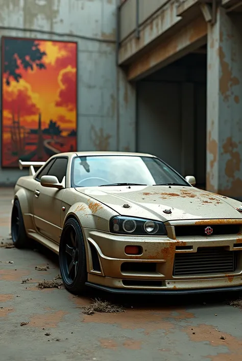 Post apocalyptic model of a Nissan skyline GT-R in a open museum with a painting on the background that says Tamana’s Ridez 