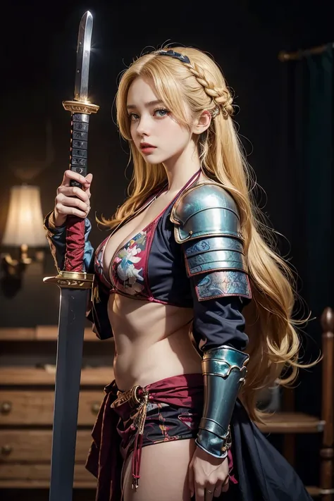 ((bikini armor:1.8))、(( holds up a sword during battle、holding a sword:1.5))、(look at viewer、medium shot、from side:1.6)、(bikini armor:1.6)、nsfw、 ( muscles:1.3)、( Braided Long Hair 、 blonde hair :1.3)、 Masterpiece、 top quality、 top quality、 kampala、Genuine、...