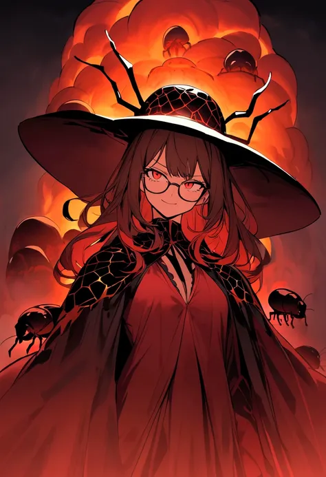 whole body、The background is a world of lava 、Anxious face、  woman wearing a big hat 、 wearing glasses、Traveler 、Chest、 red eyes、Her hair is brown.、The clothes are red、 lava giant insect、Lava giant bug 、　spider　 smirking 、