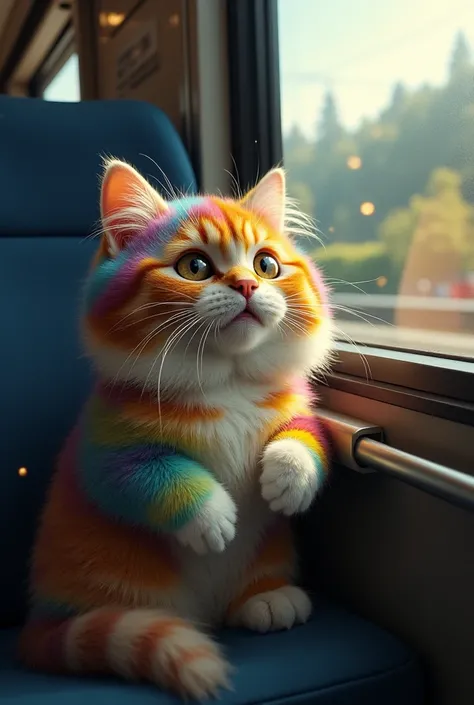 The train suddenly jerks, and the chubby rainbow cat’s eyes widen in shock. The window shows the outside world blurring as the train begins to lose control. Sparks fly from the rails, and passengers inside look scared, grabbing onto seats or railings. The ...