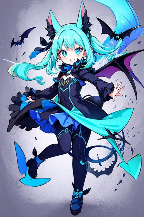 cel shading, cute style, fullbody, electric bat, blue color, bat ears, girl, fantasy clothes, masterpiece,cute, dinamic, electric theme