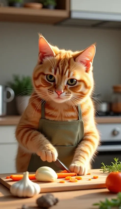 "Create a virtual image of an orange cat  (Orange Tabby Cat )  cooking in the kitchen, with an orange cat standing on two hind legs, wearing a simple patterned apron, and using a vegetable slicer  ( like carrots or onions )  on a cutting board. On the tabl...