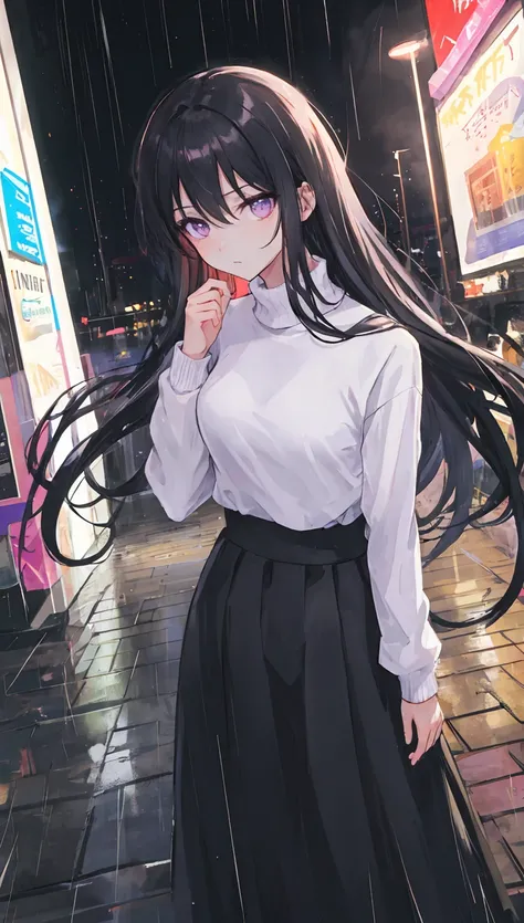 night,  stylish night city background,neon lights, rain, street, (Very long hair:1.25), Dark black hair, Purple Eyes dark Eyes, Annoying expression,(mature:1.2), middle Breasts, Turtleneck sweater, (Long skirt:1.25), red Skirts, (Be incontinent:1.5), Stern...