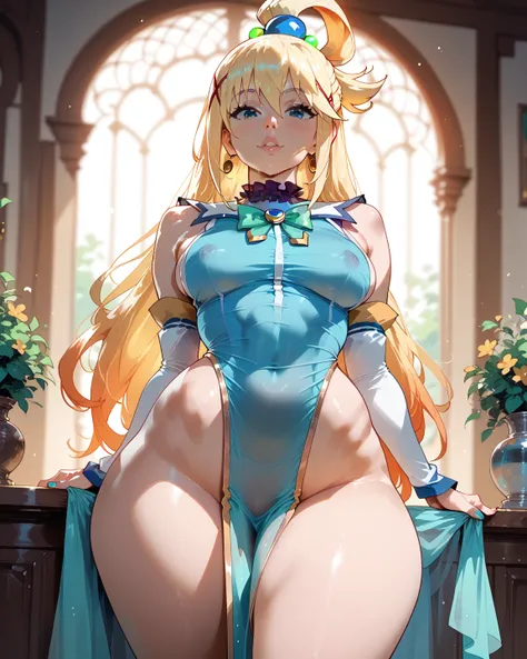 Aqua(konosuba), standing,big ass, wide hips, wide pelvic, medium breasts, halter, pelvic curtain, no panties, front view