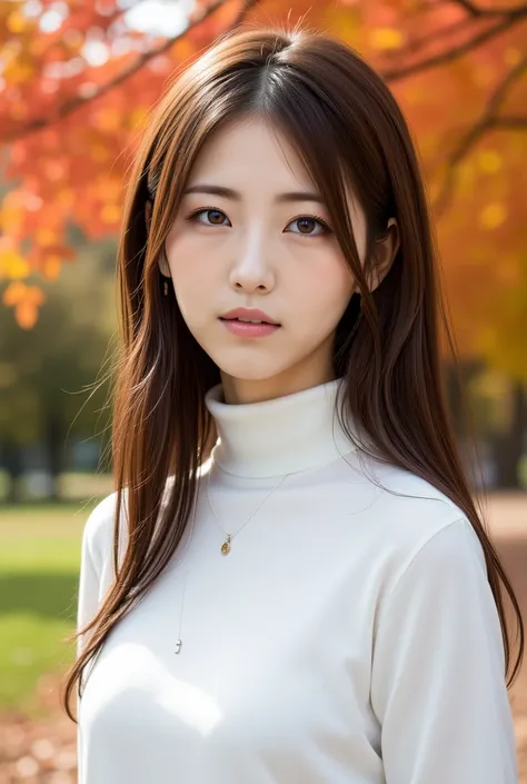 live-action、 adult female、A park with beautiful autumn leaves、Headshot、profile、 white high neck sweater、 Hollow Eyes 、 long brown hair、 layer cut around the face、 natural light