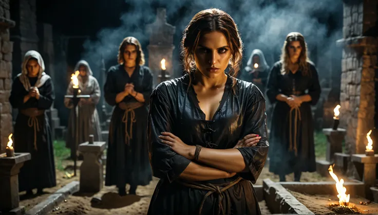 Women accused of witchcraft IN FRONT OF THEIR OWN GRAVES, with their hands tied , The executioner is waiting to execute them, Guilty for bringing the plague to the city, Cinematic background, hyper-realistic, ultra detailed hyper-realistic, photorealis...