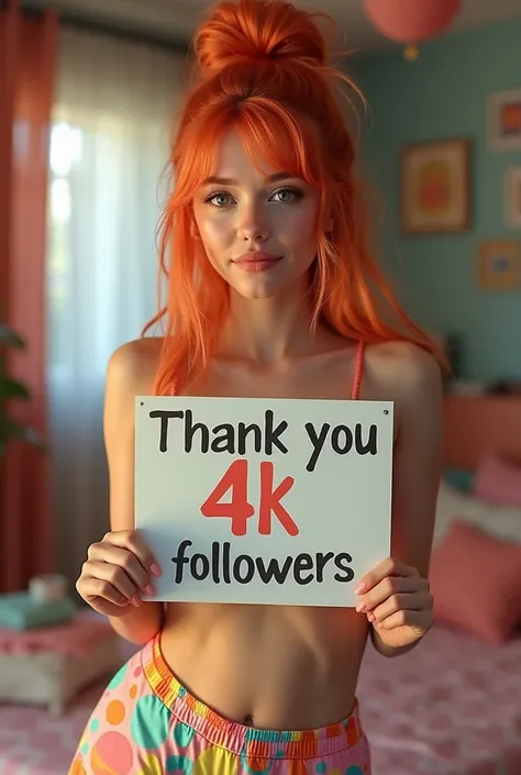 a beautiful long messy orange haired woman with a casual bun, standing in a bedroom, holding a thank you 4k followers printed board, wearing a colorful bubble design theme t-shirt or matching colorful pants, extremely detailed face and body, masterpiece, h...