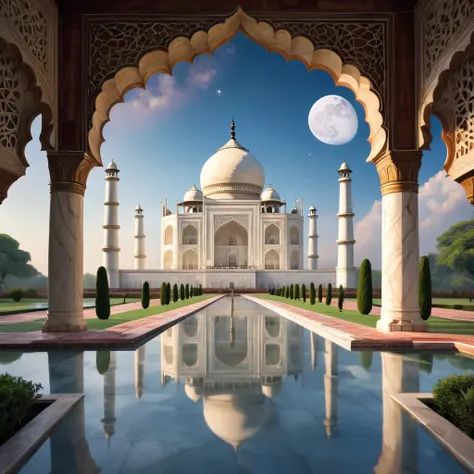 A breathtaking illustration of the Taj Mahal, with a serene and tranquil atmosphere. The ivory-white marble structure stands tall, reflecting in the shimmering pools. The full moon casts a soft, ethereal light, illuminating the intricate floral motifs and ...