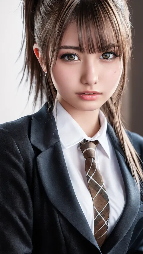 (( Masterpiece,  top quality,  high resolution,  ultra high definition)),  Japanese high school girl in a bold position,( is present:1.5)、great face、 sharp mouth、With a pout、Glossy Lips 、 twin tails,( beautiful brown hair:1.5)、 High School Uniforms,(Black ...