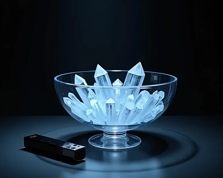 Picture of large glass bowl small foot bowl containing cristal of fresh white and blue color, small thin long form breaks, and a picture of a lighter next to it  (lighter)  black background 