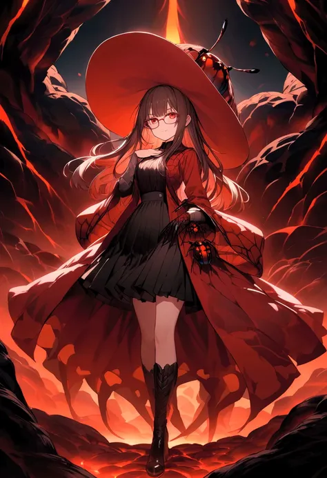 whole body、The background is a world of lava 、 woman wearing a big hat 、 wearing glasses、Traveler 、Chest、 red eyes、Her hair is brown.、The clothes are red、 lava giant insect、Lava giant bug 、　spider　 smirking 、