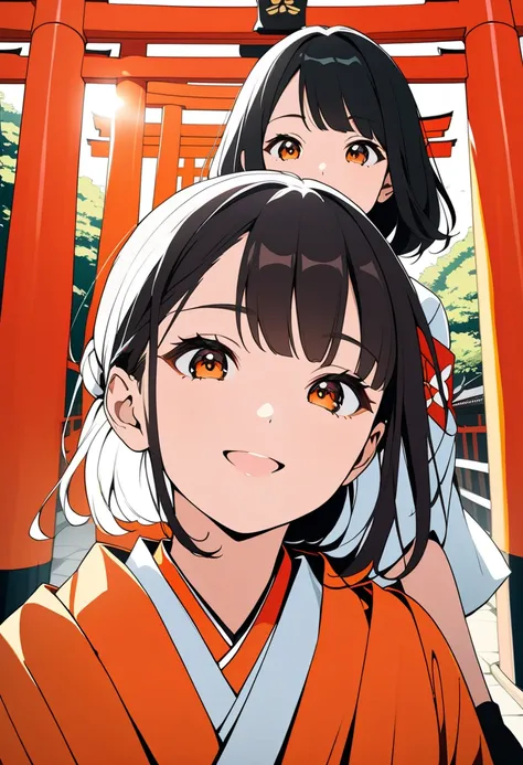 (masterpiece, best quality:1.1),popart, flat color,(two girl),cute,detailed face,(tween),nice travel,(in Fushimi Inari Shrine,kyoto), beautiful detailed scenery, beautiful lighting,very happy,dynamic pose,portrait, 