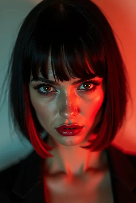 A woman with black hair with red highlights bob cut with a fierce look