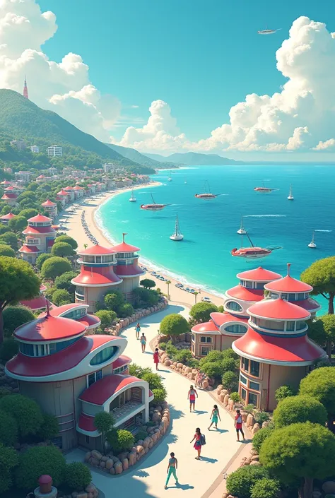 A seaside town in 2150,  modern houses and cheerful modern people can be seen.