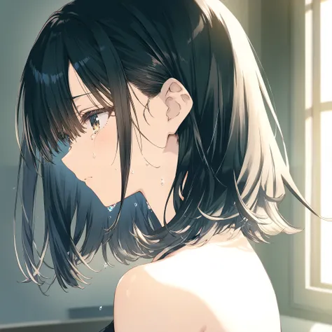 1girl, crying, black medium hair, curved hair, holding own cutted hair, a girl crying alone in her room, bedroom corner, black eye, Medium hair, shoulder length hair, wind,fantasy, game CG, break,(artist:mitsumi_misato),artist:fujiyama,artist:kokonoka, bre...