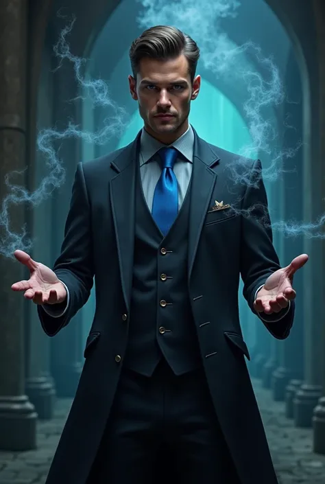 Handsome alchemist dressed in a black suit with gray shirt and blue tie using magic