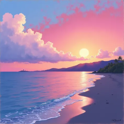  Landscape、Pastel drawing、Kaimana Beach, Hawaii、 The sky and the sea where the sunset begins to set、 sky, sea, and clouds dyed in the sunset、The cape can be seen on the horizon 、Lighthouse at the tip of the cape 、Summer evening、Fauvism style 、 The shape of...