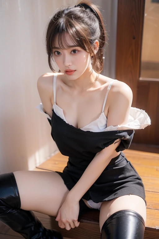 Wear black shattered knee-high boots（Skin can be seen through torn gaps ）　Wear a black, ripped, tight miniskirt（I can see the white panties I'm wearing through the torn gap）　Her hairstyle is a ponytail and silver hair 　 embarrassed expression with both han...