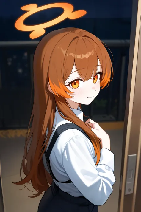 1 girl, Hair length reaches the back, Brown hair and orange on the edges of the hair, orange eyes, but not bright, wear a work outfit, หน้าอกไซส์ปานกลาง, have a orange halo