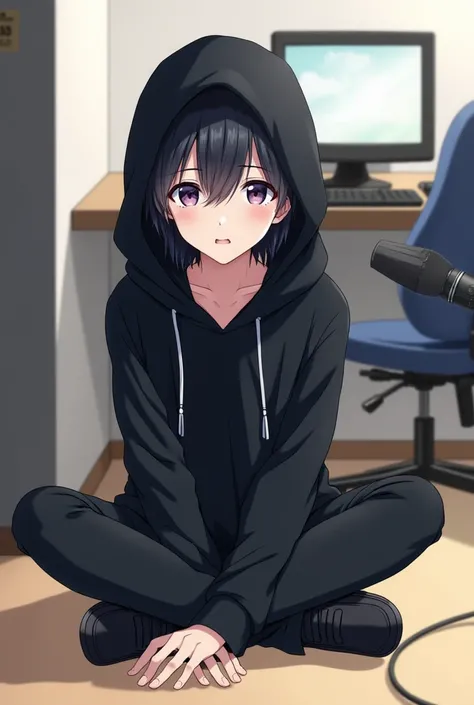 Boy anime Character wear  black hoddie  sitting in ground  facing front and background are having pc and chair font have mic