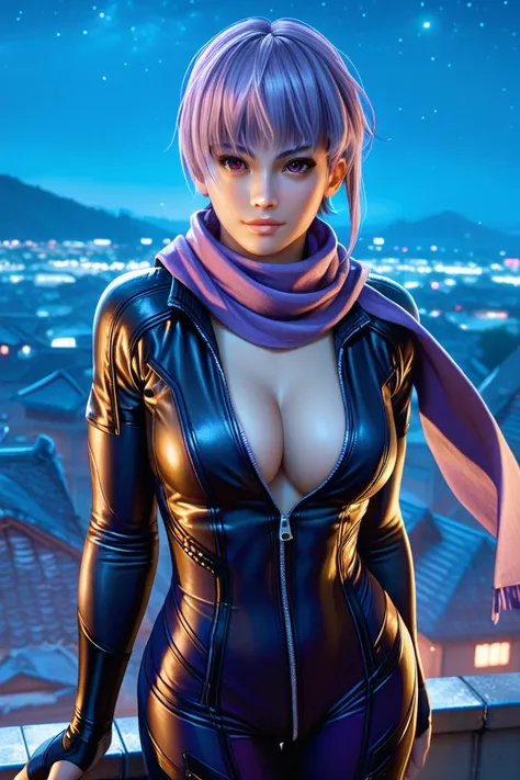 ayane, black skinsuit, purple ninja scarf, cleavage, unzipped, night, rooftop, score_9, score_8_up, score_7_up, zPDXL3