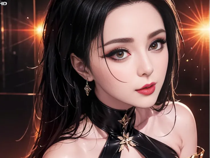 (8K ultra HD photorealistic:1.6), (masterpiece details:1.5), (((divine beauty))),wine-red off-shoulder gown (velvet base:1.35/laser-cut details:1.2), leaning forward with microphone (collarbone sweat beads:1.15), frontal close-up (brand logo reflection in ...