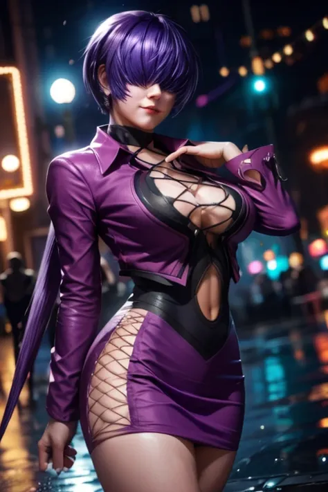 (at night), alone, in a video game scene a background of a beautiful city during the day raining, standing at attention, purple hair, ((purple hair)), 1 girl, alone, 20 years old, young woman, perfect hands and beautiful with perfect fingers, beautiful lon...