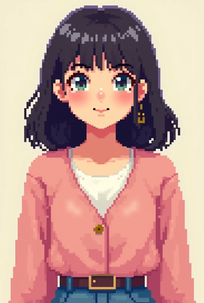 Chubby pixel art girl in her 20s with shoulder length straight hair