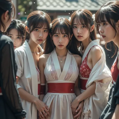 Exposed Open Gigantic Cleavage, CoveredNipple without Bra, Transform into 8K UltraDetailed Live-Action, Photorealistic, ExtremelyDetailed Professional Photography of KAWAII FUNDOSHI Girls at HAKATA GION YAMAKASA, FullBody from below, MagicHour Miracle, Eth...