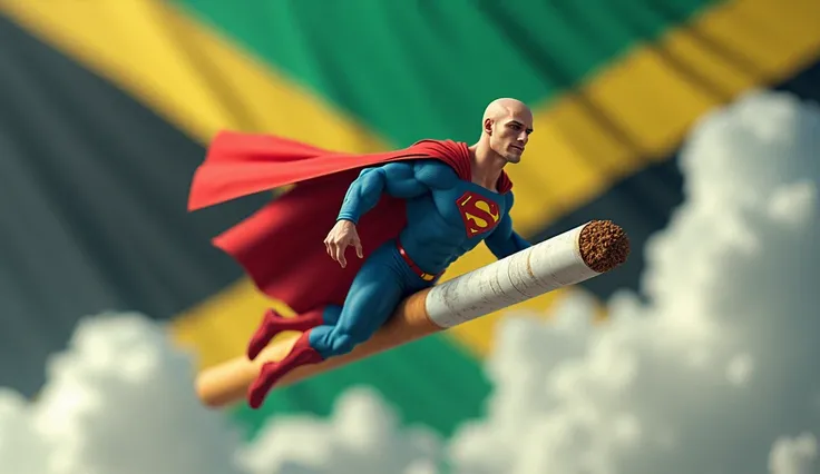 Bald Superman is flying on a huge cigarette, Jamaican flag in the background 