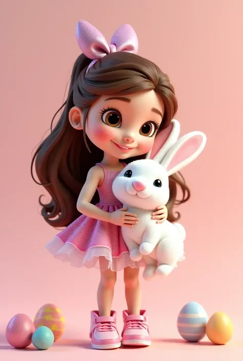  create a  Disney Pixar style 3D with fair skin ,  dark and delicate eyes .  sweet face and shy smile .  long wavy brown hair with a bow on the head 
She wears a ballerina-like dress with sleeves on her shoulders in the color pink and glitter blue . sneake...