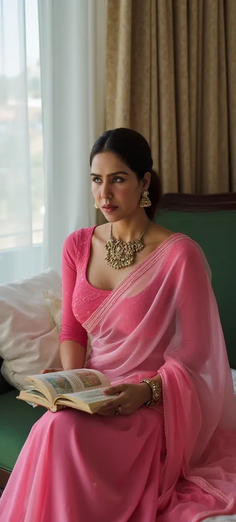 Wear pink elegant transparent saree sitting, gorgeous royal, (((Katrina kaif:1.2))), portrait of a beautiful Indian woman, From Golden Skin, 23 years old, Pretty woman, Indian model, ((sitting on a bed)), (in pink elegant transparent saree:1.5),((wearing s...