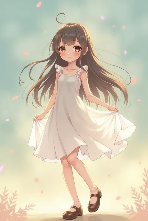 ager young cute girl in white dress, brown shoes, long hair, cute smile anime