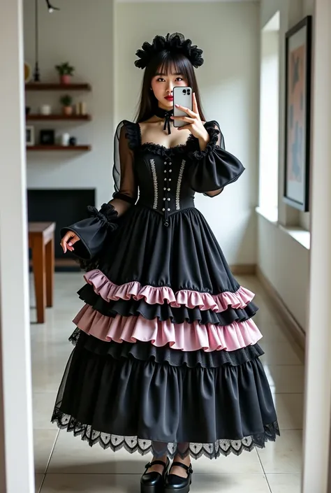 A Japanese woman with a very beautiful beauty like an actress
A young woman dressed in an elegant gothic Lolita outfit stands confidently in a modern, minimalist interior, taking a mirror selfie with her smartphone. Her face is partially hidden by the phon...