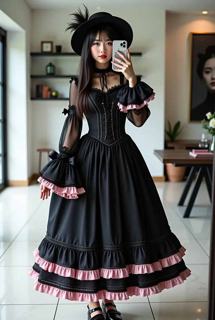 A Japanese woman with a very beautiful beauty like an actress
A young woman dressed in an elegant gothic Lolita outfit stands confidently in a modern, minimalist interior, taking a mirror selfie with her smartphone. Her face is partially hidden by the phon...