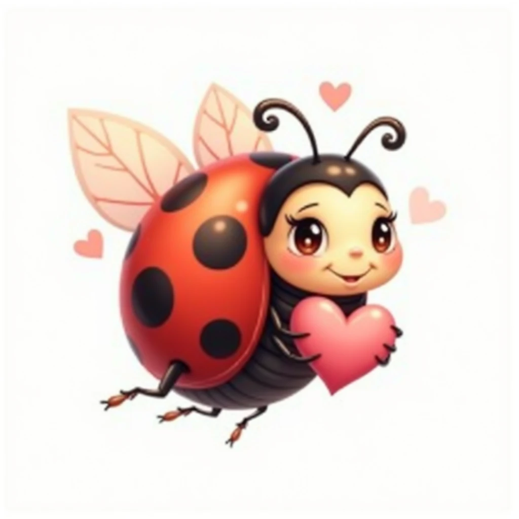 a cute ladybug, with bright eyes, with a welcoming, playful, like appearance, illustration style, flying holding a heart. solid white background