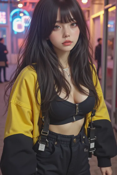 Masterpiece, 4K wallpaper, Masterpiece sci-fi ancient city, fantasy sci-fi, neon glow lights city, ( Subject  ( 1girl, A cute korean women with beautiful hair, wearing an youth stylist oversized hoodie fashion, yellow and black stylist fashion, jumper hood...