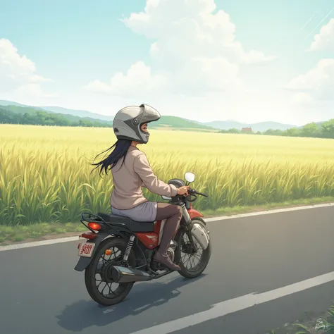 50cc motorcycle driving on country roads、18-year-old girl、jet helmet、July Festival 々 and Pouring Sunlight 、 National Highway with the Sun Rising、 Sparkling Rice Field Scenery 