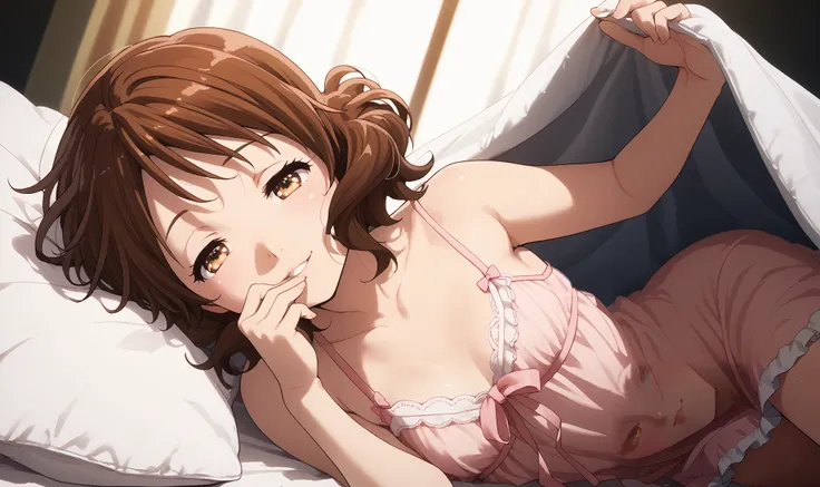 score_9, score_8_up, score_7_up, score_6_up, score_5_up, score_4_up, 1girl, solo, oumaekumiko, kumiko oumae, oumae kumiko, brown eyes, brown hair, short hair, wavy hair, small breasts, from above, upper body, lying on side, bed invitation, head on pillow o...