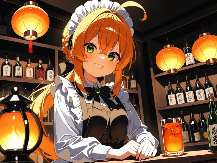 Inside an otherworldly bar 。 through a wooden counter 、 A young female bartender with a ponytail is serving drinks to customers while smiling。 her apron is simple yet elegant 、 there is a shelf lined with rare otherworldly sake bottles in the background 。 ...