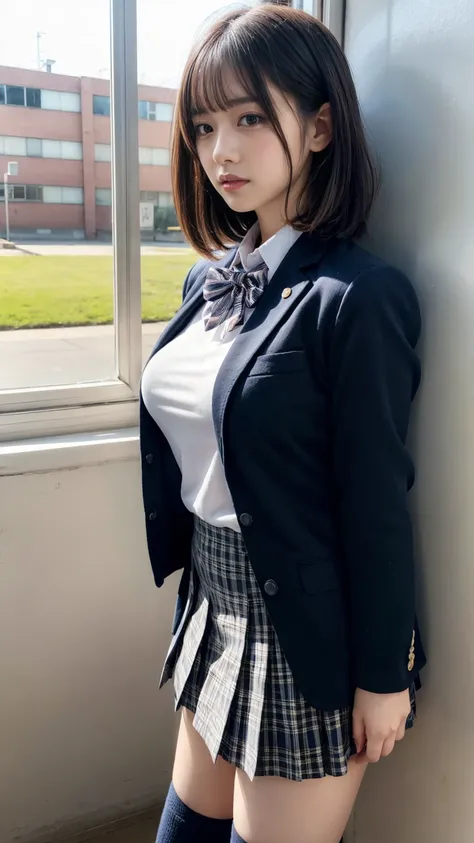 masterpiece, best quality, illustration, Super detailed, fine details, High resolution, 8K,wall paper, perfect dynamic composition,(Details High quality, realistic depiction of eyes:1.3), from side, High School Classroom、High school girl uniform、blazer 、Su...