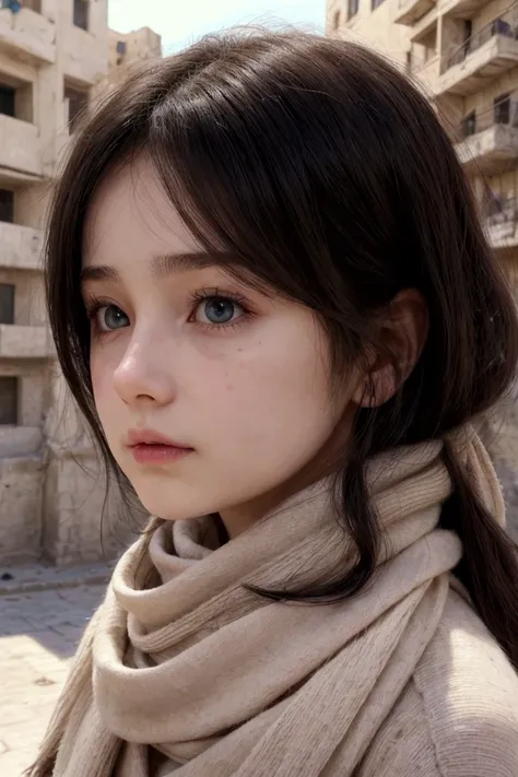 Dramatic light, sunlight, side view, turned head, big black eyes, pretty late  girl, One girl, pale white skin, scarf, rosy cheeks, red nose, wavy messy black hair, very long hair look innocent and beautiful, Aleppo city view 