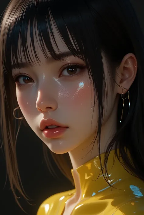 80’s glam rock makeup on shiny android face, anime, 2.5D, Glittery face, moody lighting, (yellow and black palette), iridescent face, abstract ai model, pretty, sexy, minimal, sleek, slender, asian, elegant, chic, futuristic, retro, sophisticated half huma...