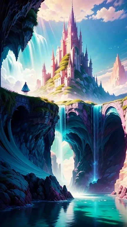  Imagine a charming scene of a vibrant fantasy romantic realm .  is filled with complex floating islands ,  fluffy clouds ,  Waterfall cascading from the floating island Below ,  and a vibrant ,  Surreal Atmosphere .  The atmosphere is full of wonder and t...